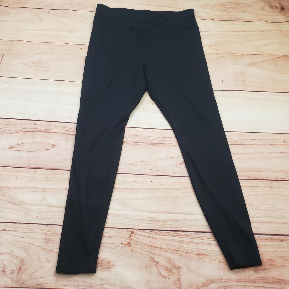 H&M Divided Leggings Womens XL Black Ribbed High Rise Side Pocket Stretch Yoga